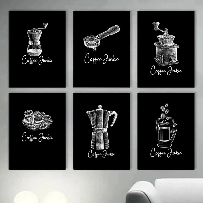Modern minimalizm kahve çekirdeği ve kahve makinesi posterler baskılar tuval baskı duvar sanat resmi için cafe mutfak ev dekor