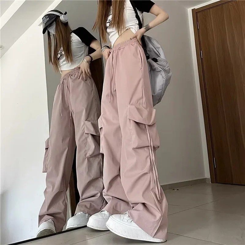 Nedensel Baggy kargo pantolon yüksek bel Y2K büyük cepler Streetwear öğrenci pantolon gevşek güz kore katı kadın pantolon