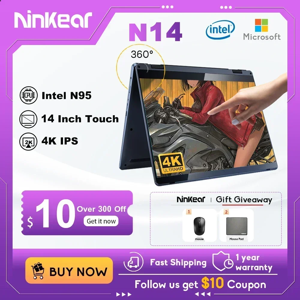 Ninkear N14 dizüstü 14 inç 4K dokunmatik ekran dizüstü 12. Nesil Intel N95 işlemci 12GB DDR5 + 1TB SSD Windows 11 Ultrabook