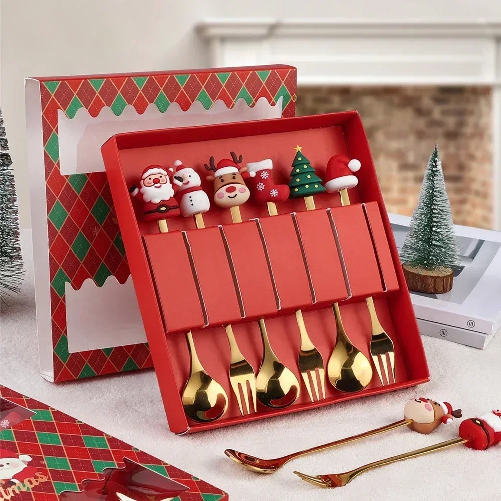 Noel kaşık sofra seti hediye kutusu ambalaj kardan adam Elk kahve kaşık noel baba meyve çatalı bebek kaşık hediye noel hediyesi