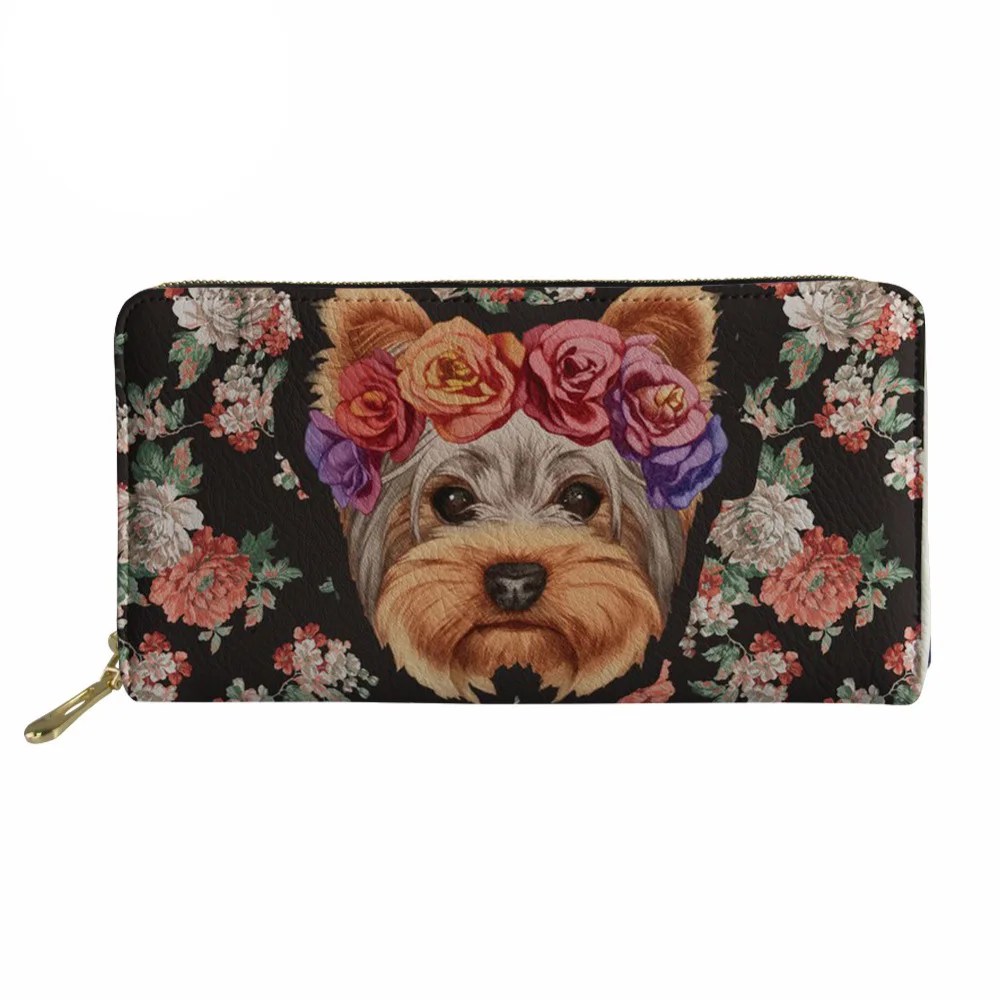 Noisydesigns uzun çanta kadın karikatür köpek yavrusu Yorkie baskı cüzdan bayanlar para değişim cep kadın için kart sahipleri çantalar canta