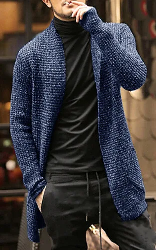 Orta uzunlukta erkek hırka örgü yün katı kalın sıcak sonbahar kış Fit rahat yumuşak rahat moda erkek kazak - Görsel 4
