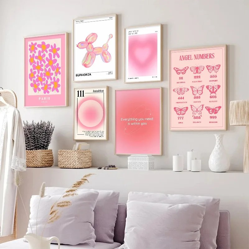 Pembe melek numarası çiçek pazarı sergi tuval boyama soyut Poster galeri duvar sanat baskılar resim oturma odası dekor için