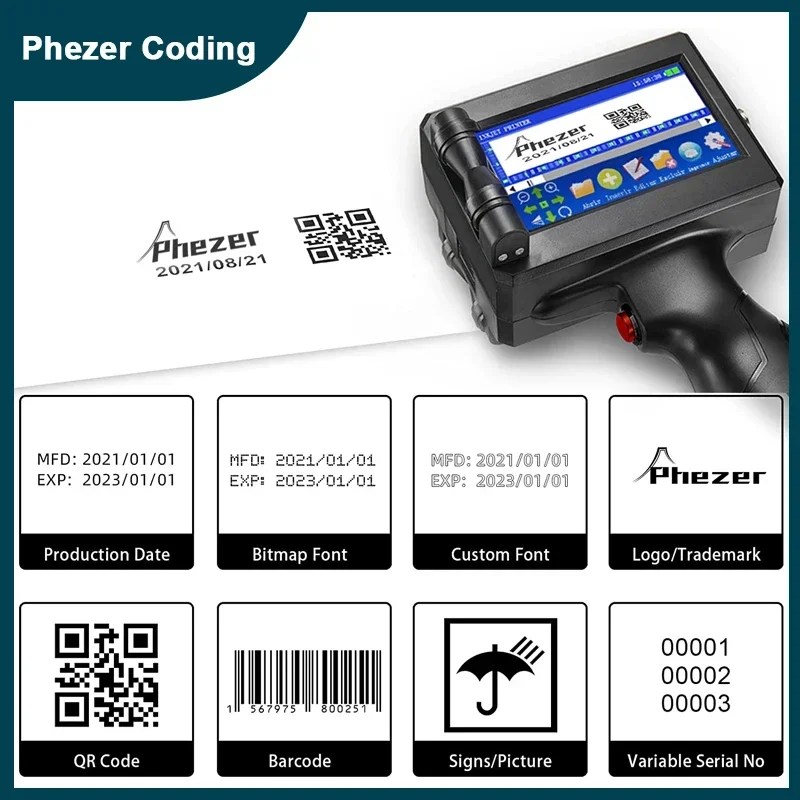 Phezer 12.7/25.4mm etiket yazıcı mürekkep püskürtmeli el yazıcısı QR barkod toplu kod tarih numarası Logo son kullanma tarihi kodlama makinesi taşınabilir