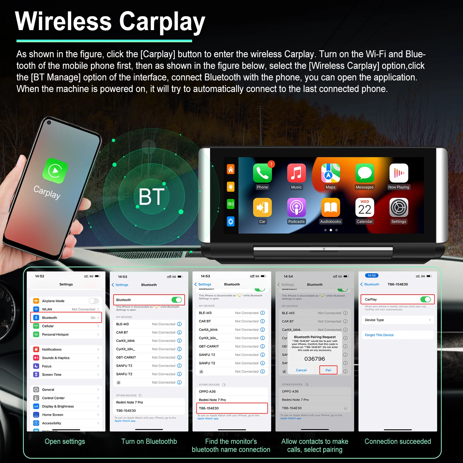 Podofo 6.86-inç 2 + 32G Android HD ekran CarPlay araba Video oynatıcı Suppport arka kamera Android oto Apple Airplay destekler - Görsel 4