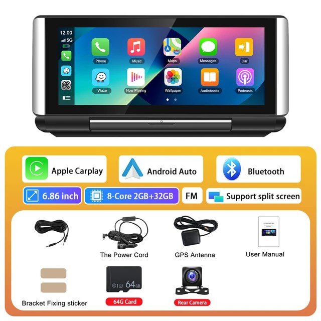 Podofo 6.86-inç 2 + 32G Android HD ekran CarPlay araba Video oynatıcı Suppport arka kamera Android oto Apple Airplay destekler - Görsel 16