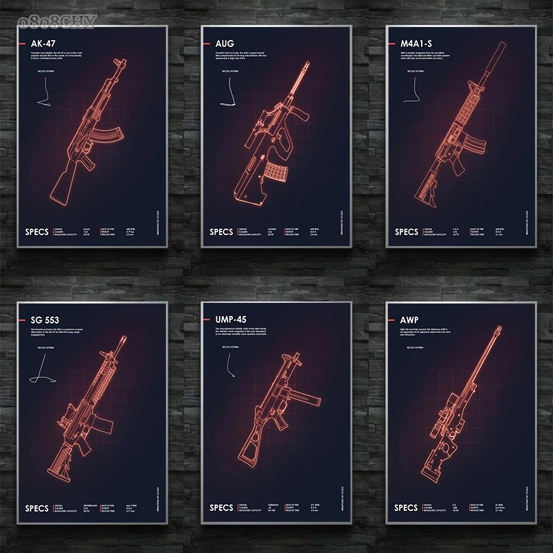 Pop sanat posterler tabancası Cs gitmek Neon silahlar tuval boyama Ak 47 UMP 45 Cs silah baskı tuval duvar sanatı resimleri için oturma odası dekor