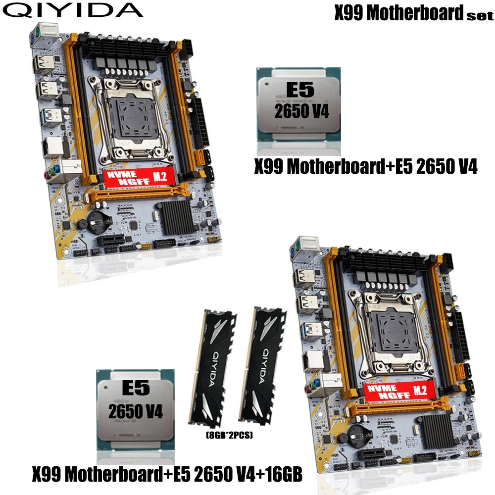 QIYIDA X99 anakart seti Combo Xeon kiti E5 2650 V4 CPU LGA 2011-3 işlemci 16GB DDR4 RAM bellek NVME M.2 NGFF SATA ED4