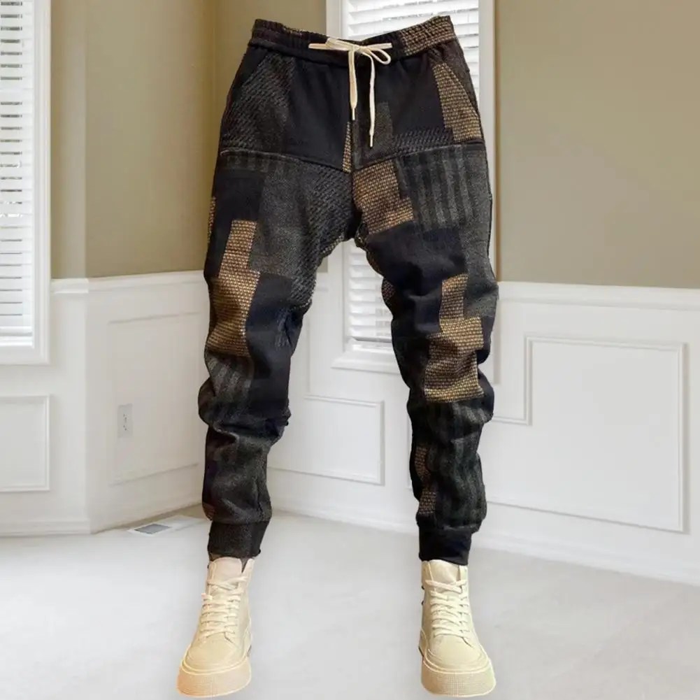 Rahat erkekler pantolon takviyeli cepler ile erkekler için şık baskılı Baggy uzun pantolon elastik bel spor için çok yönlü