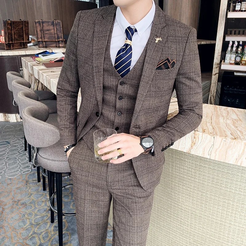S-7XL (ceket + yelek pantolon) moda butik kafes resmi iş erkek takım elbise 3 adet Set damat düğün elbisesi ekose takım gösterisi sahne