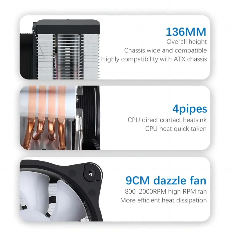 SAMA KA450DW RGB CPU HAVA SOĞUTUCU 9cm PWM Fan 4 bakır ısı boruları AMD/Intel evrensel bilgisayar soğutma radyatörü beyaz