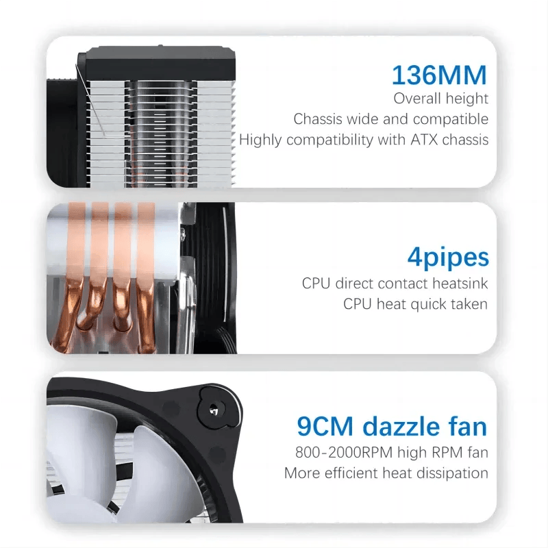 SAMA KA450DW RGB CPU HAVA SOĞUTUCU 9cm PWM Fan 4 bakır ısı boruları AMD/Intel evrensel bilgisayar soğutma radyatörü beyaz - Görsel 5