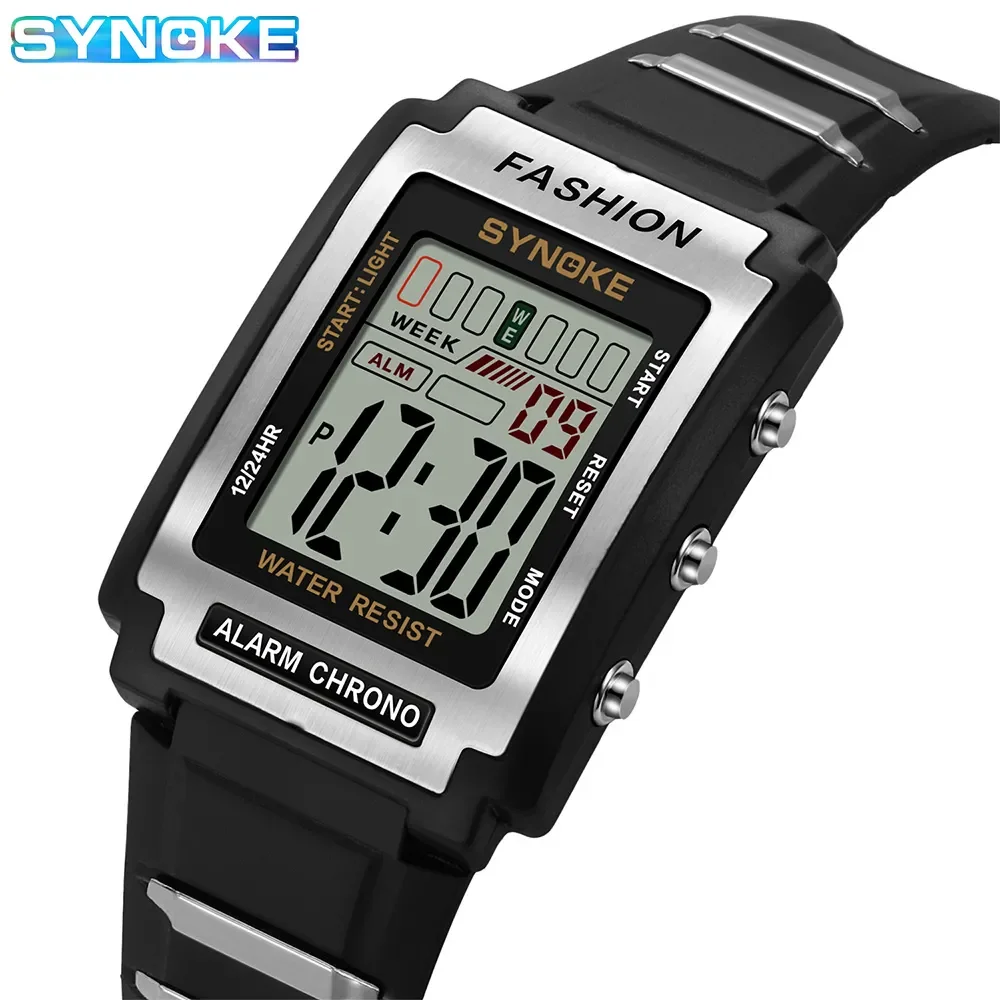 SYNOKE erkekler dikdörtgen spor elektronik izle su geçirmez 50M gece lambası büyük ekran çalar saat eğilim Retro tarzı