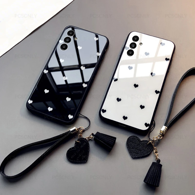Samsung Galaxy A14 M14 A24 A34 A54 5G için cam durumda moda aşk kalp sert telefon kapak