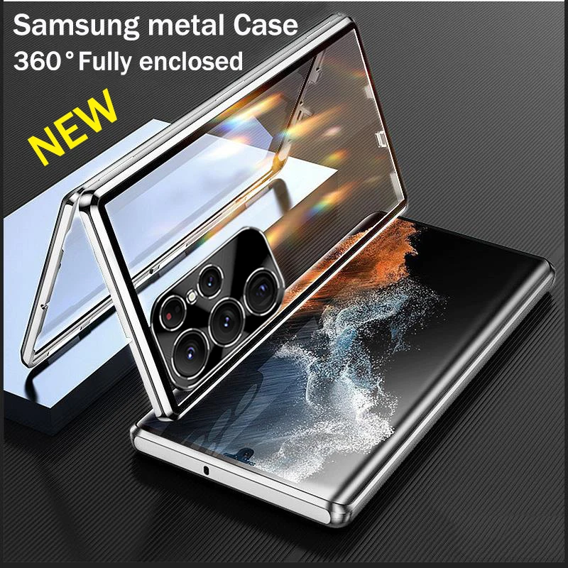 Samsung Galaxy S23 S22 S24 için Metal alüminyum alaşım durumda Ultra 360 ° tam kapalı koruma manyetik adsorpsiyon HD cam durumlarda