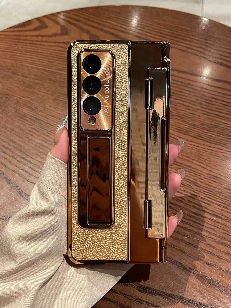 Samsung Galaxy Z Fold 5 Z Fold 4 Z Fold 3 5G kılıf ekran koruyucu ile lüks deri tek parça kaplama standı kapak altın