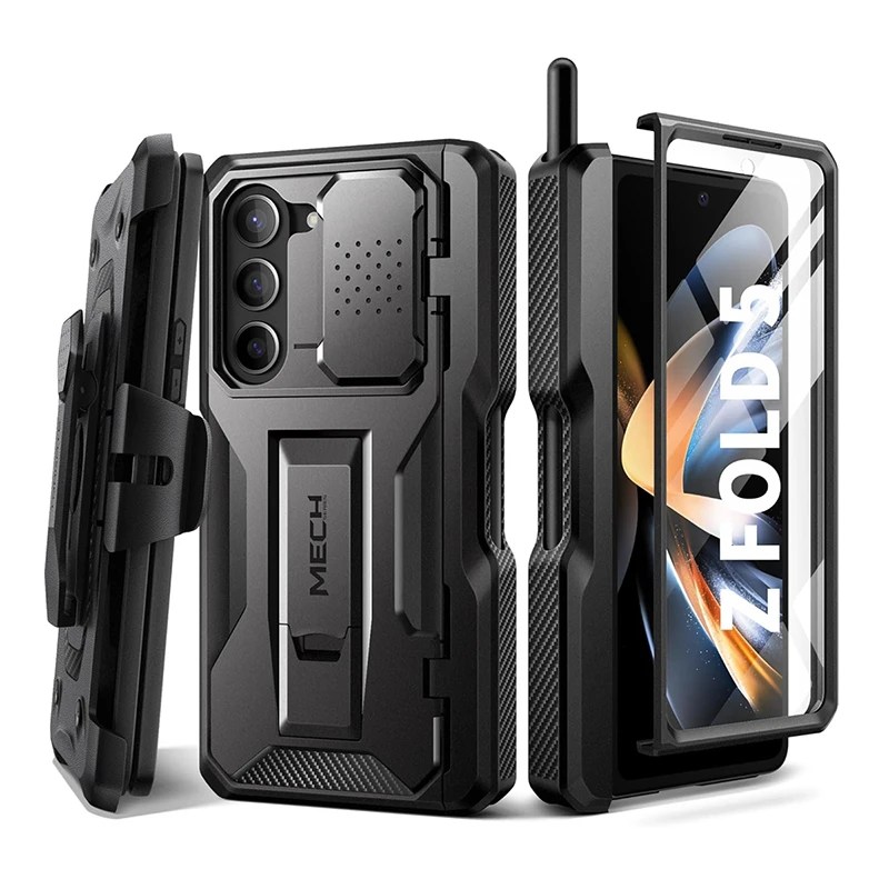 Samsung Galaxy Z Fold 5 telefon kılıfı tam vücut sağlam darbeye dayanıklı koruma ile kemer-klip Kickstand dahili ekran koruyucu