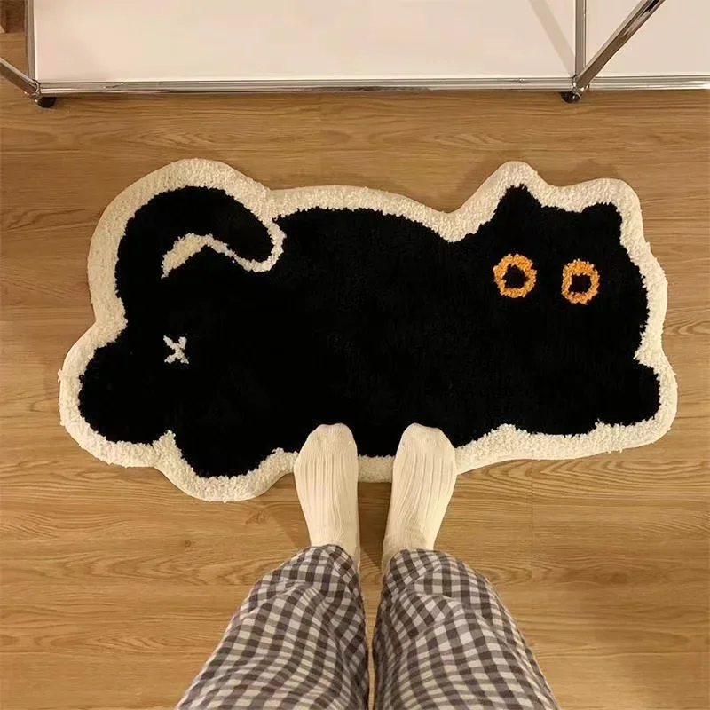 Sevimli siyah kedi taklit kaşmir halı ev yatak odası başucu battaniye paspas karikatür Ins oturma odası kahve sehpası Mat