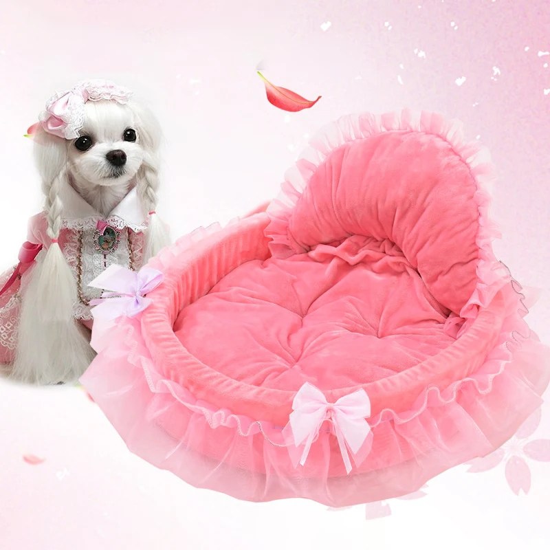 Sevimli yay dantel köpek yatağı küçük yavru minder serme yatak katta sıcak Mat ayrılabilir Pet köpek sepeti Pet yatak mobilyaları