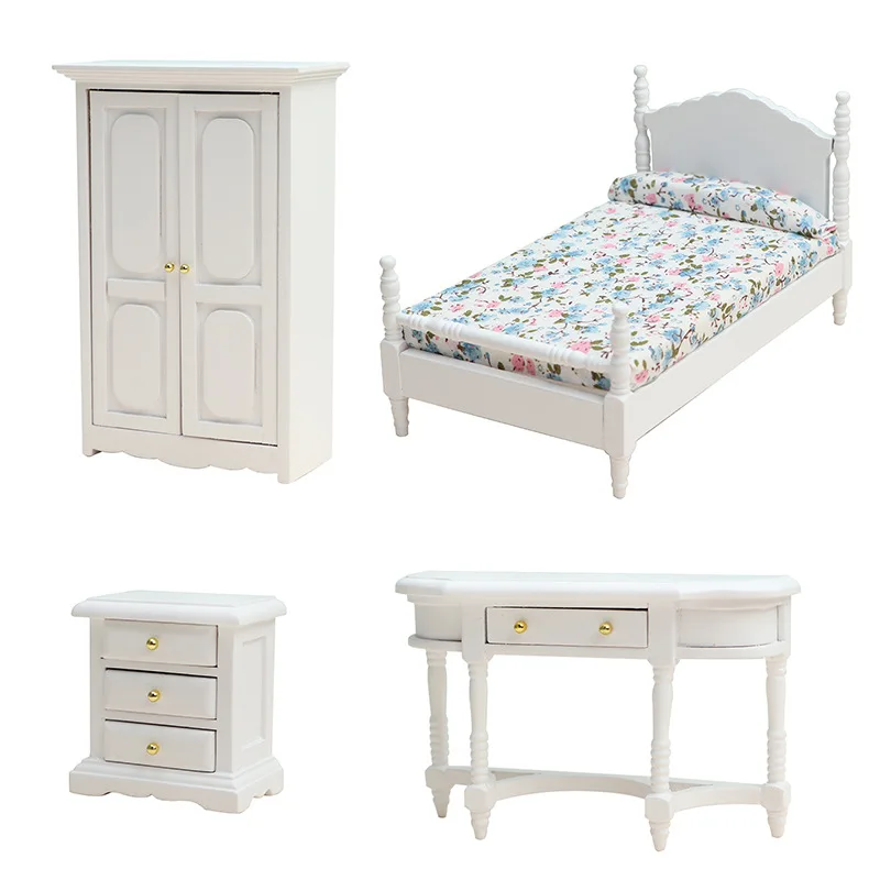 Simülasyon mobilya modeli Mini ahşap yatak çekmece yatak odası takımı minyatür sahne dekorasyon ile 1:12 Dollhouse aksesuarları