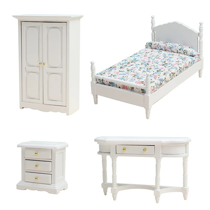Simülasyon mobilya modeli Mini ahşap yatak çekmece yatak odası takımı minyatür sahne dekorasyon ile 1:12 Dollhouse aksesuarları