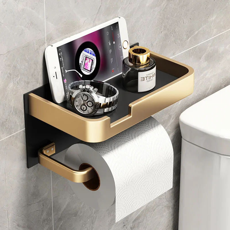 Siyah altın rulo kağıt havlu tutucu banyo duvarına monte çok fonksiyonlu WC kağıt telefon tutucu raf havlu rulo raf aksesuarları