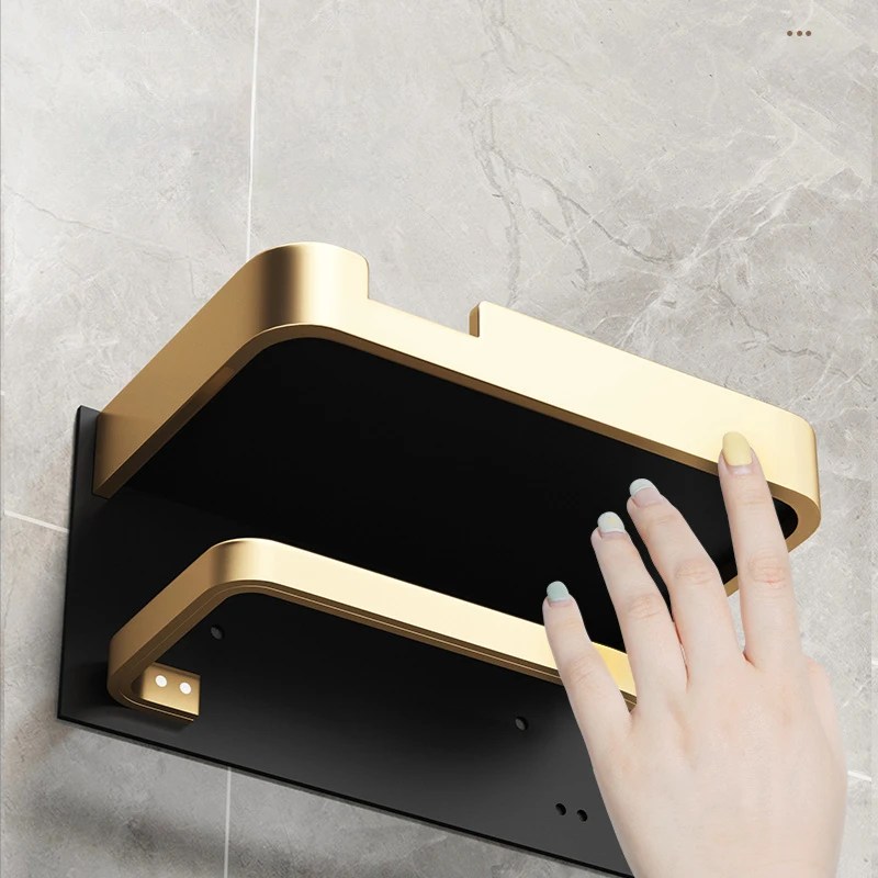 Siyah altın rulo kağıt havlu tutucu banyo duvarına monte çok fonksiyonlu WC kağıt telefon tutucu raf havlu rulo raf aksesuarları - Görsel 4