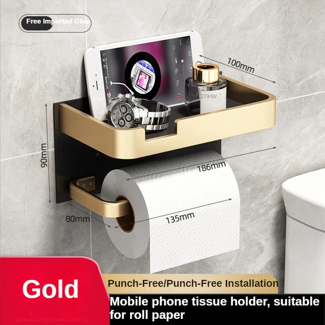 Siyah altın rulo kağıt havlu tutucu banyo duvarına monte çok fonksiyonlu WC kağıt telefon tutucu raf havlu rulo raf aksesuarları