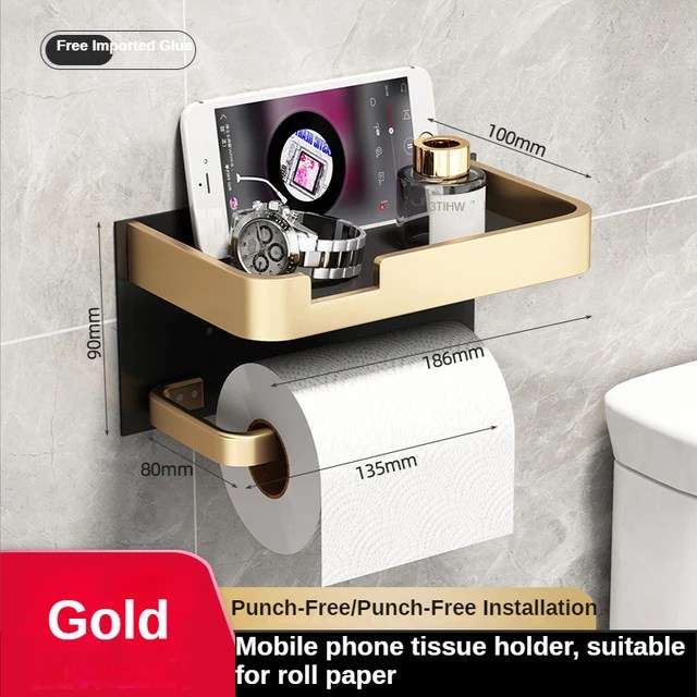 Siyah altın rulo kağıt havlu tutucu banyo duvarına monte çok fonksiyonlu WC kağıt telefon tutucu raf havlu rulo raf aksesuarları - Görsel 8