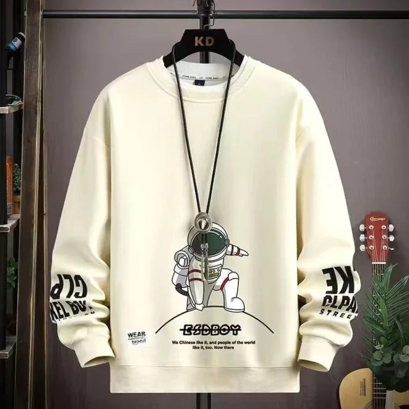 Sonbahar erkek kazak ergen astronot baskılı uzun kollu T-shirt moda erkek giyim gri O boyun Harajuku üst yeni