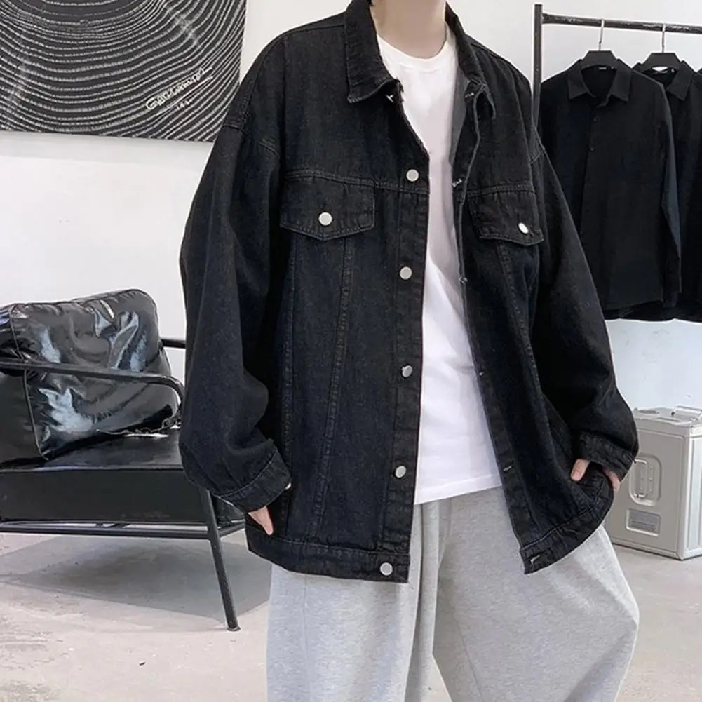 Sonbahar kış erkekler Denim ceket düz renk uzun kollu erkek dış giyim gevşek cepler günlük giyim için toplama yaka kot ceket