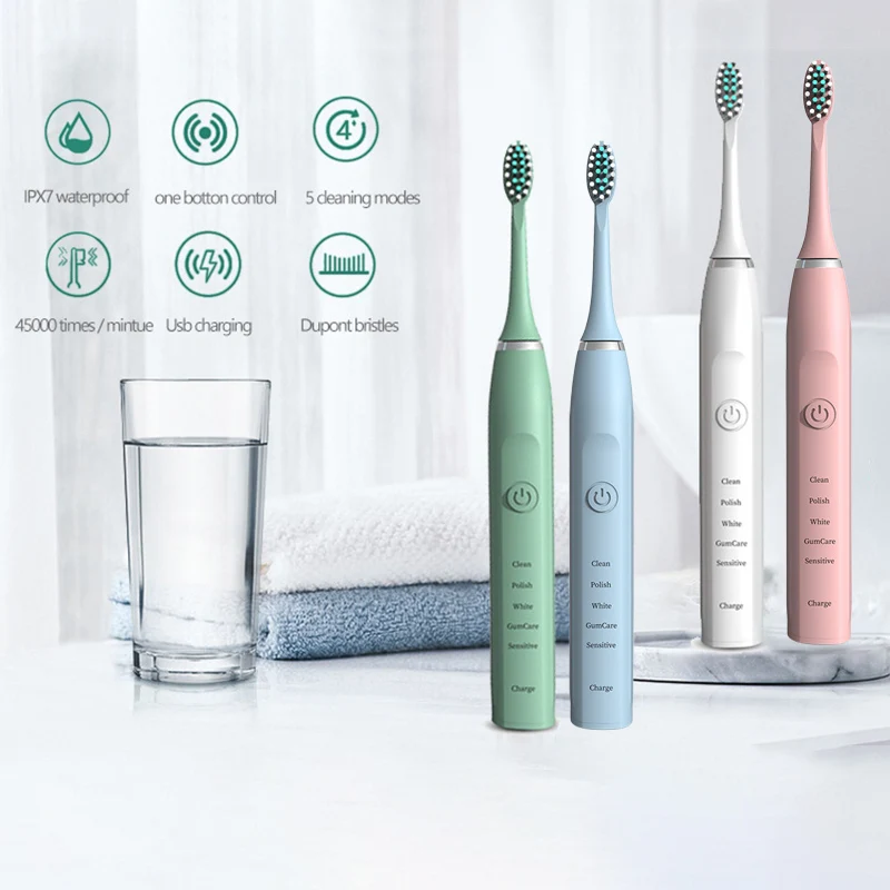 Sonic elektrikli diş fırçası zamanlayıcı fırça 5 mod USB şarj aleti şarj edilebilir derin temiz fırçaları yetişkinler için yedek kafaları Set