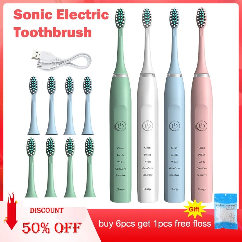 Sonic elektrikli diş fırçası zamanlayıcı fırça 5 mod USB şarj aleti şarj edilebilir derin temiz fırçaları yetişkinler için yedek kafaları Set