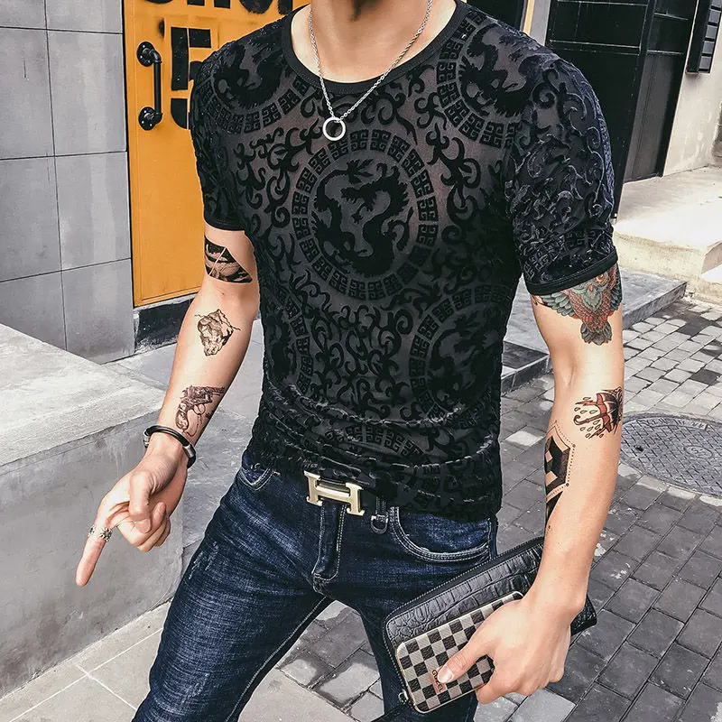 Streetwear moda kadife T-shirt erkek orijinal gömlek oymak spor kısa kollu spor giyim örgü üst tasarımcı Tshirt