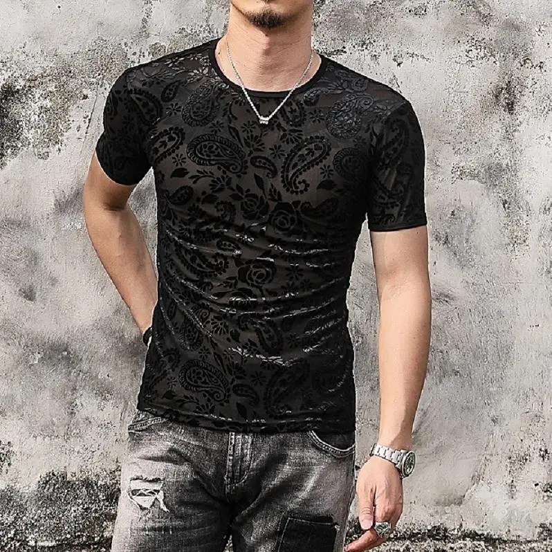 Streetwear moda kadife T-shirt erkek orijinal gömlek oymak spor kısa kollu spor giyim örgü üst tasarımcı Tshirt - Görsel 4