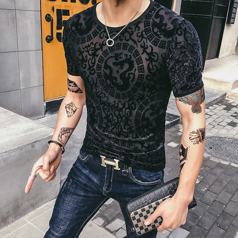 Streetwear moda kadife T-shirt erkek orijinal gömlek oymak spor kısa kollu spor giyim örgü üst tasarımcı Tshirt