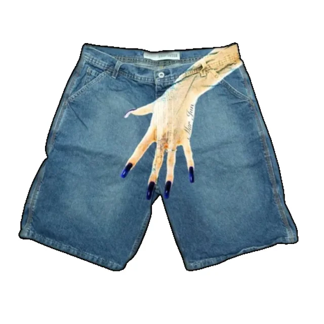 Streetwear şort Y2K pantolon Harajuku Hip Hop parmak baskı Retro mavi Baggy Denim spor kısa erkekler basketbol şortu diz pantolon üzerinde