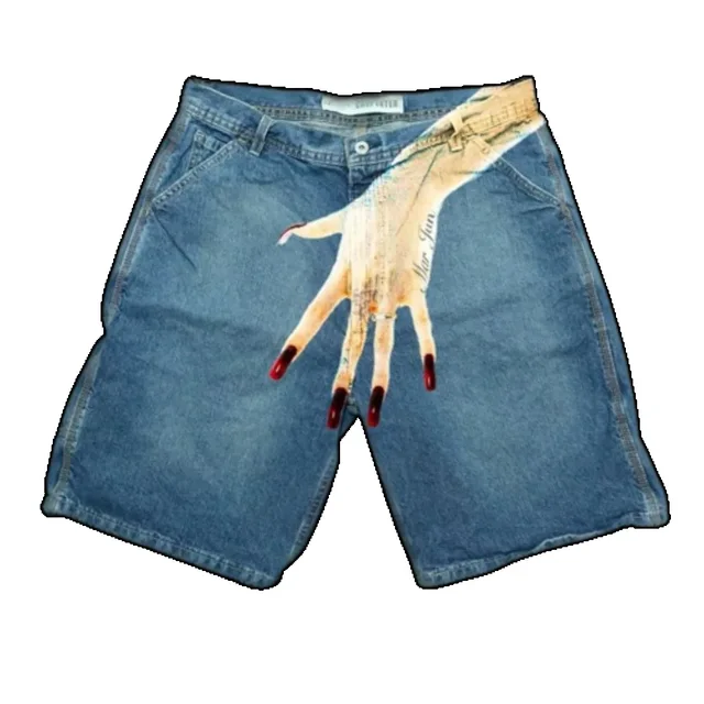 Streetwear şort Y2K pantolon Harajuku Hip Hop parmak baskı Retro mavi Baggy Denim spor kısa erkekler basketbol şortu diz pantolon üzerinde