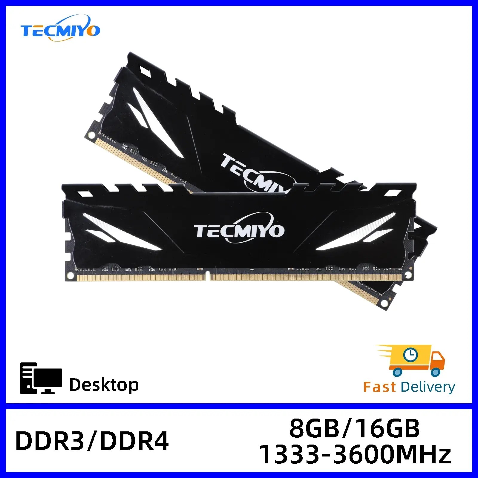 TECMIYO DDR3/ DDR3L 1333/1600 DDR4 8GB/16GB 2133/2400/2666MHz/3000MHz/3200MHz/3600MHz isı emici ile masaüstü RAM-1 adet siyah
