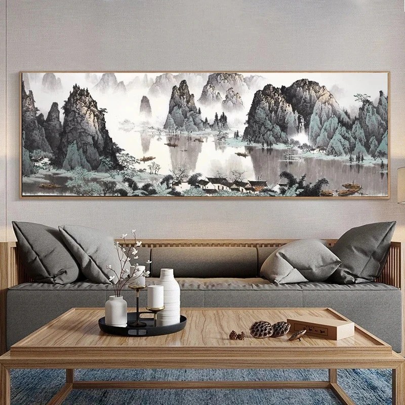 Traditonal çin tarzı dağ ve nehir tuval boyama salonu ofis oturma odası ev dekor için Poster baskı duvar sanat resmi