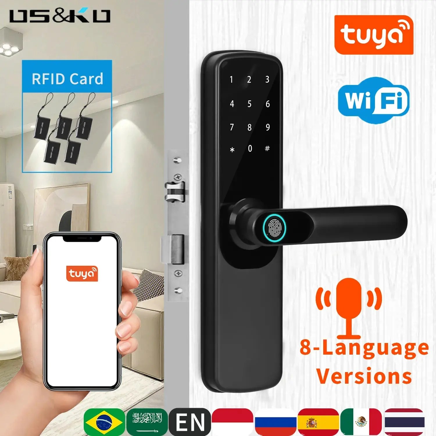 Tuya Wifi elektronik akıllı kapı kilidi ile biyometrik parmak izi/akıllı kart/şifre/anahtar kilidini/USB acil şarj