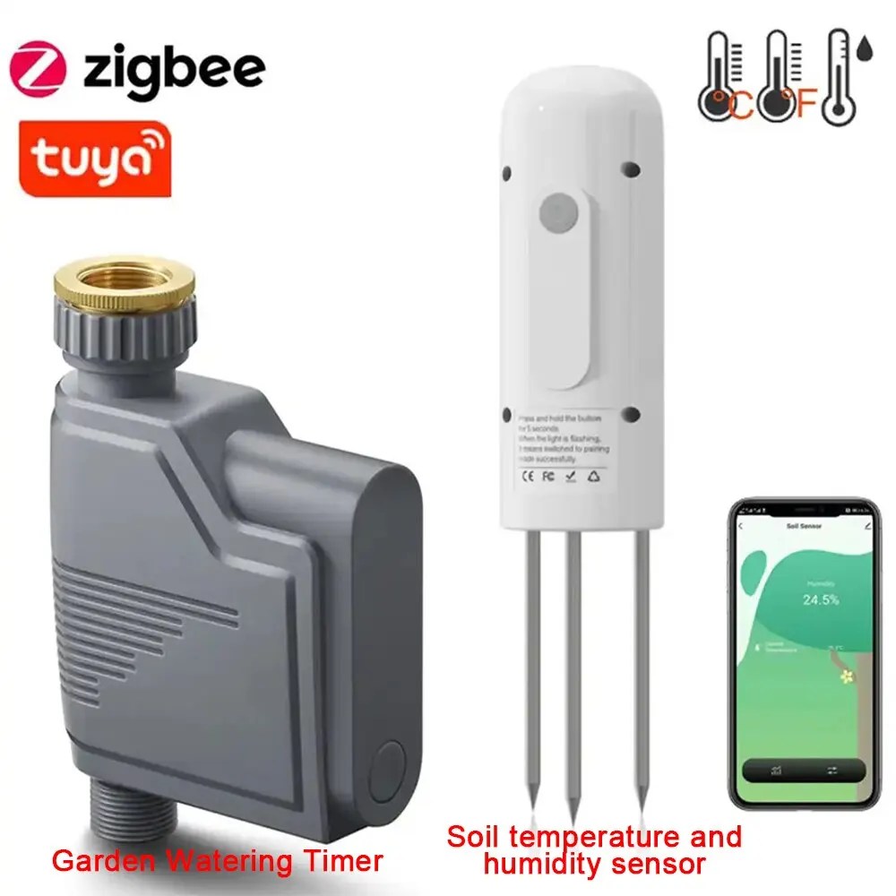 Tuya Zigbee akıllı su vanası kontrol yağmurlama damla sulama sistemi ve Tuya Zigbee toprak nem ve sıcaklık sensörü