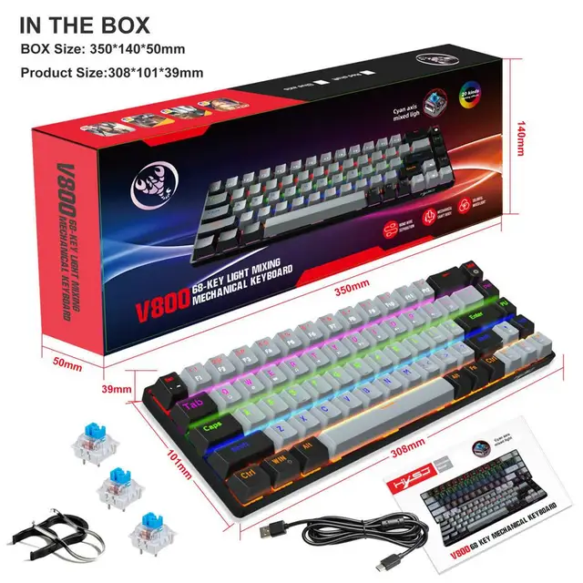 V800 mekanik oyun klavyesi LED aydınlatmalı kompakt 68 tuşları Mini dizüstü PC Gamer için kablolu ofis klavye