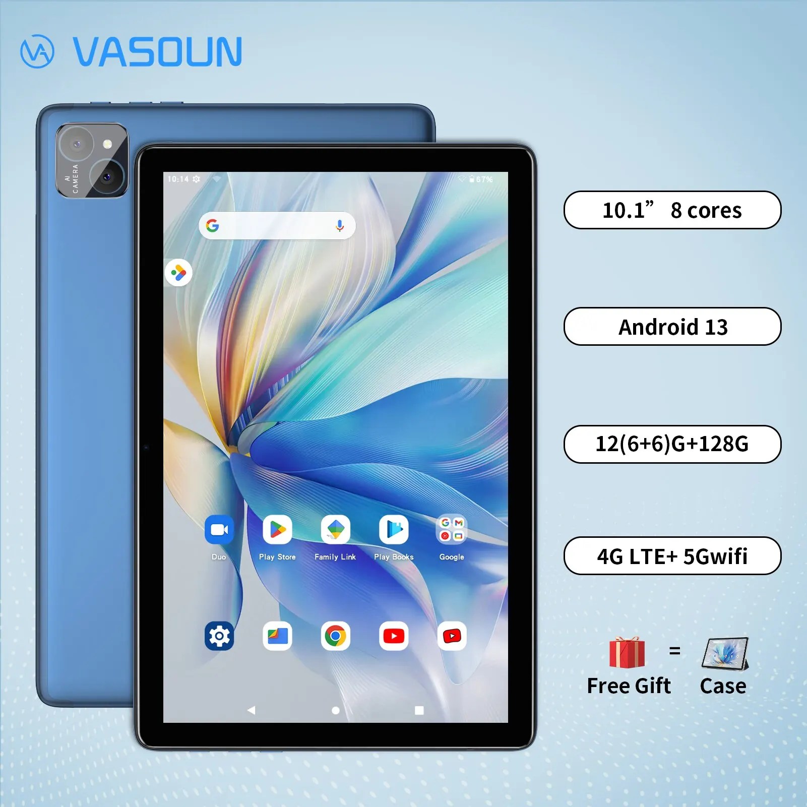 VASOUN Android 13 Tablet 10.1 ", 12GB(6 + 6 genişletmek) RAM, 128GB ROM, Octa çekirdek, çift SIM 4G 2.4G/5G WiFi GPS ile kilidi