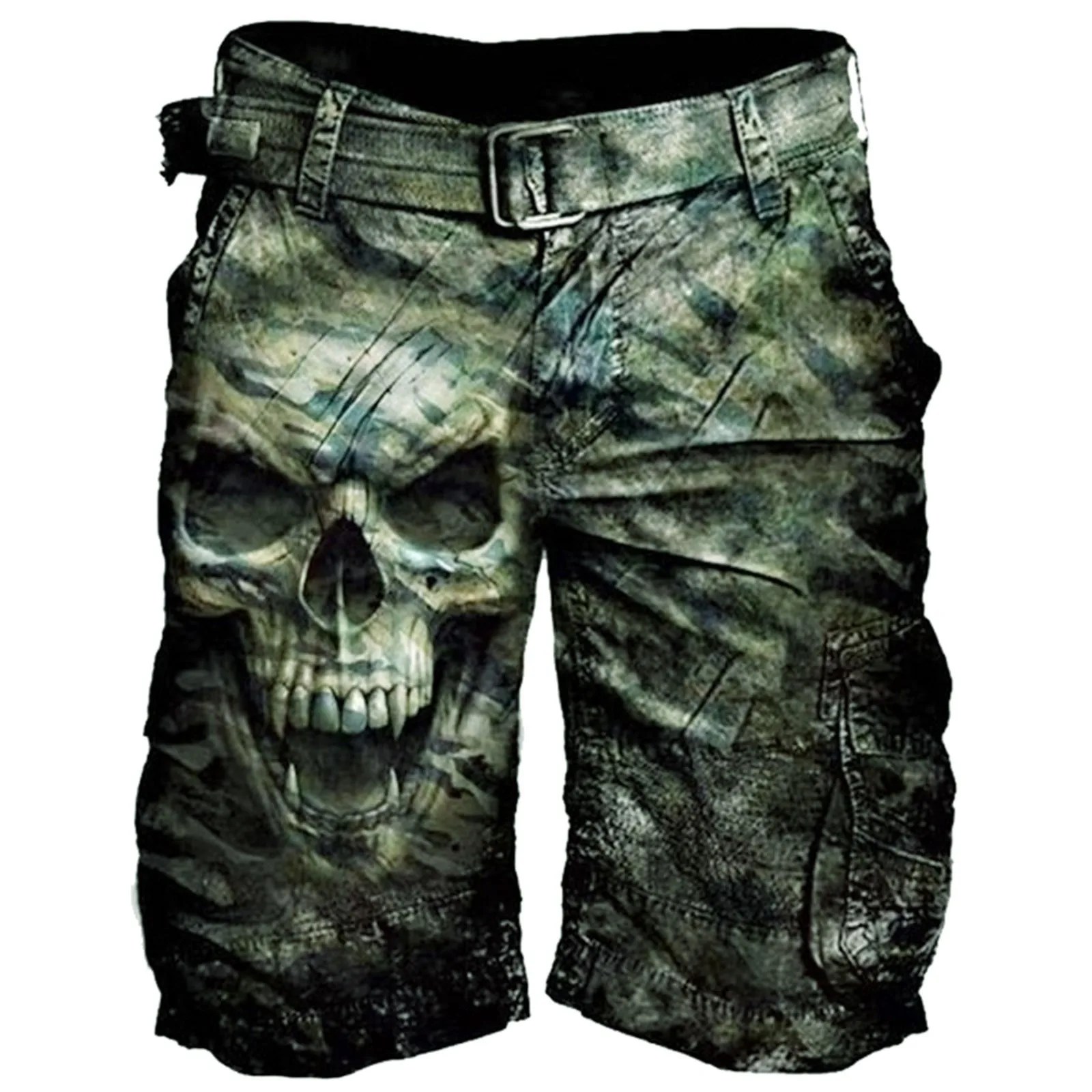 Vintage erkek kargo şort 2023 yeni erkek yaz rahat şort moda kafatası baskı dikiş cepler gevşek kısa pantolon Streetwear