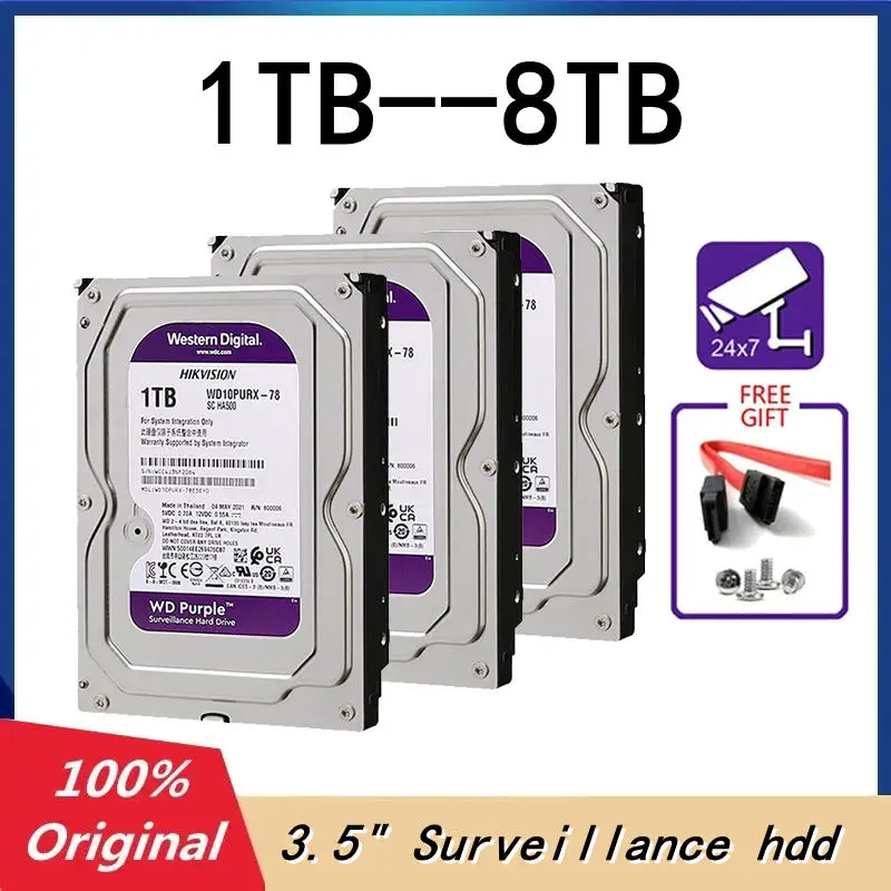 WD mor 4TB 6TB 3TB gözetim HDD 64M önbellek 6.0 3.5 Gb/s "batı dijital dahili sabit disk 1TB -12TB HD Harddisk