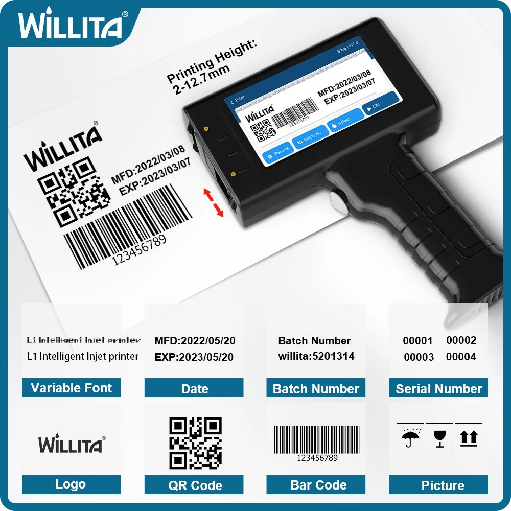 Willita Taşınabilir Mürekkep Püskürtmeli El Yazıcısı Parti Numarası Barkod UV QR Kodu Logo Tekstil El Tarih Yazıcısı Etiket Kodlama Makinesi