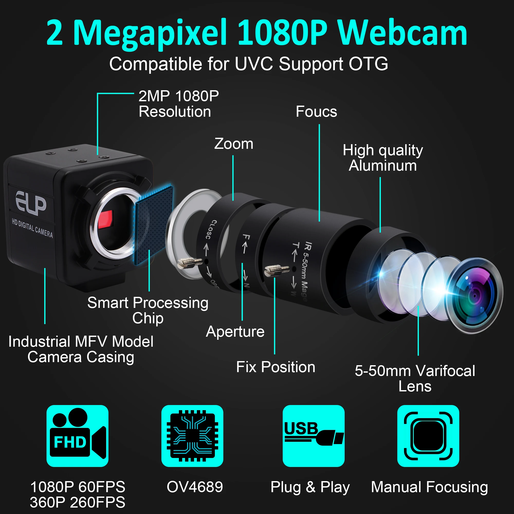 Yüksek Hızlı Webcam MJPEG 260fps 360 P/120fps 720 P/60fps 1080P OmniVision OV4689 CMOS USB Web kamera Değişken Odaklı CS Lens - Görsel 2