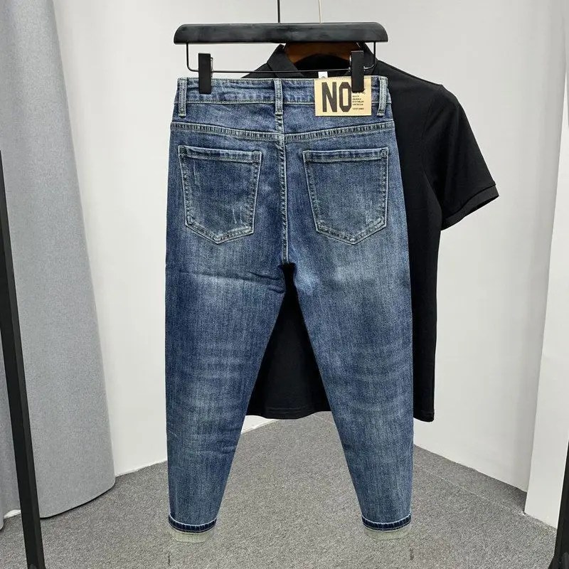 Yüksek kalite moda lüks Harajuku bahar ve sonbahar rahat mavi ince kot erkekler için yeni kalem pantolon tasarım 2024 Denim kot