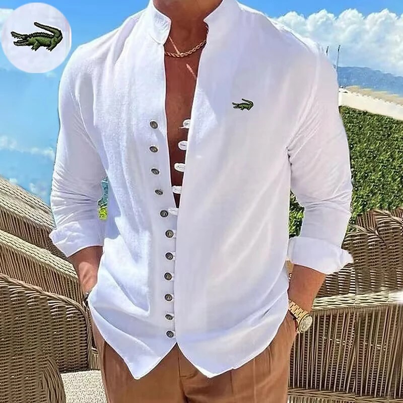 Yüksek kaliteli erkek ilkbahar/yaz yeni uzun kollu pamuk keten gömlek iş rahat gevşek uydurma T-shirt işlemeli gömlek üst